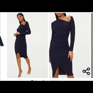 Prettylittlething navy asymmetric neck dress